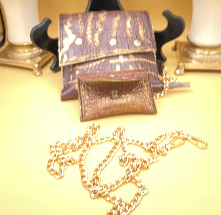 Brown/Metallic Gold hand painted Cross body/matching small change purse